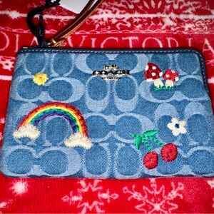 Coach Signature Denim Wristlet w/ too cute Embroidery Patterns, new with tags